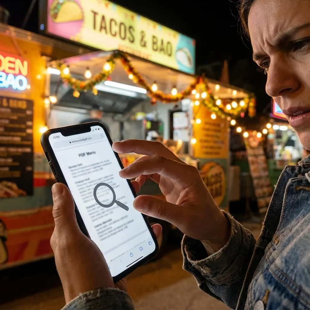 Cliente intentando abrir un menú PDF pesado en su teléfono por la noche junto a un food truck