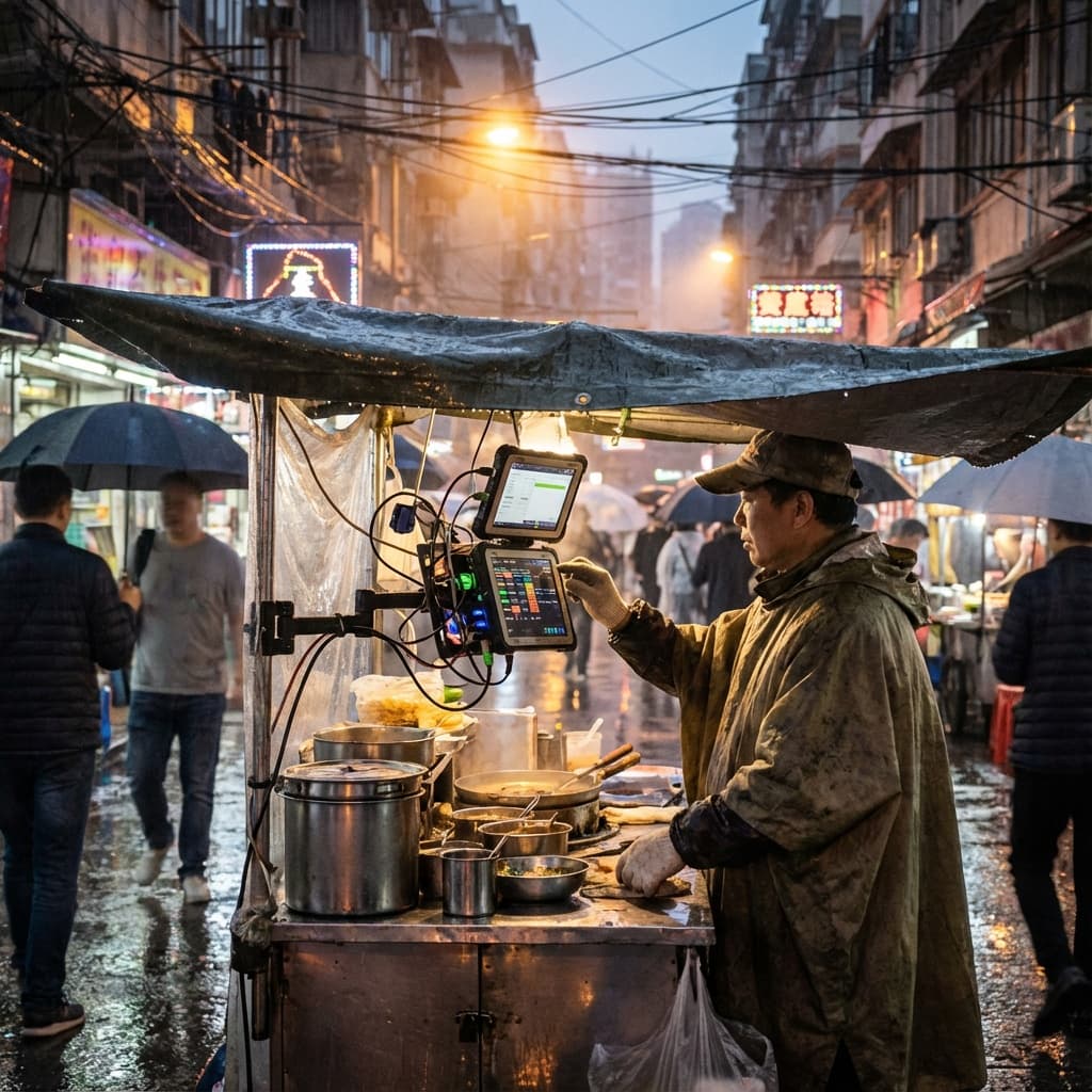 Vendor trying to use a complex POS system on a tablet outdoors under rain.