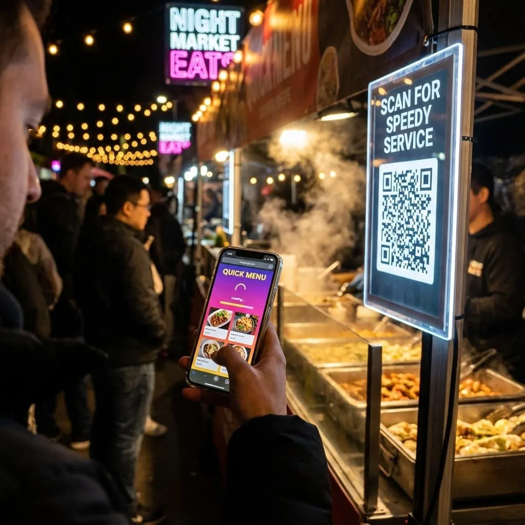 Cliente escaneando un código QR para abrir un menú móvil ligero