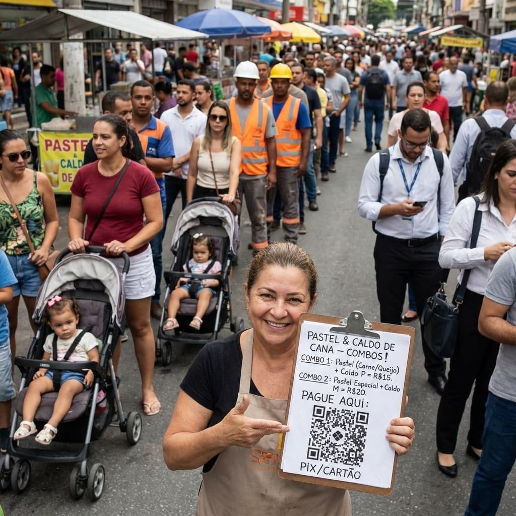 Street food stand owner showing a menu with a QR Code to customers waiting in line.