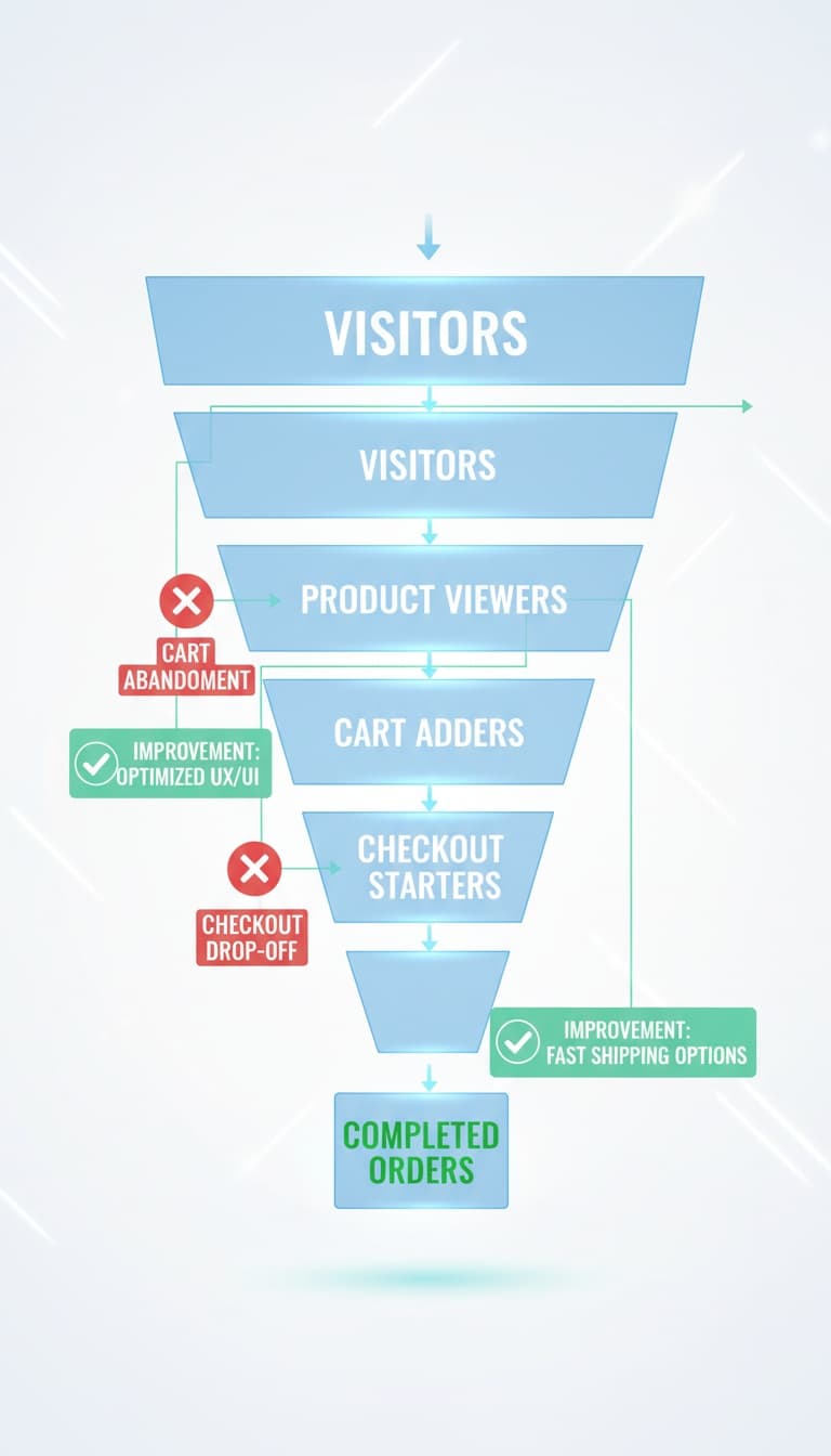 E-commerce funnel diagram showing where customers abandon carts and which fixes reduce drop offs