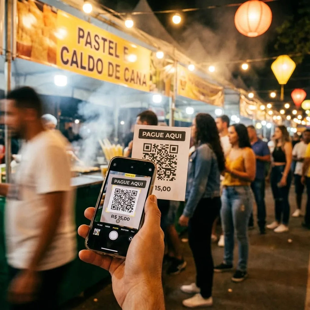 Customer pointing a phone at a QR code while waiting in a food truck line