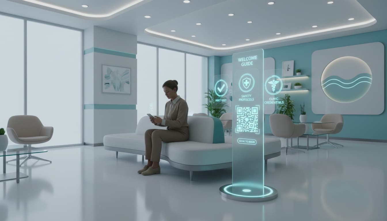 clinic patient scanning qr code for welcome guide while waiting