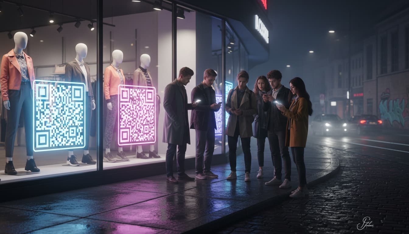 Shoppers scanning a QR code on a clothing store window at night