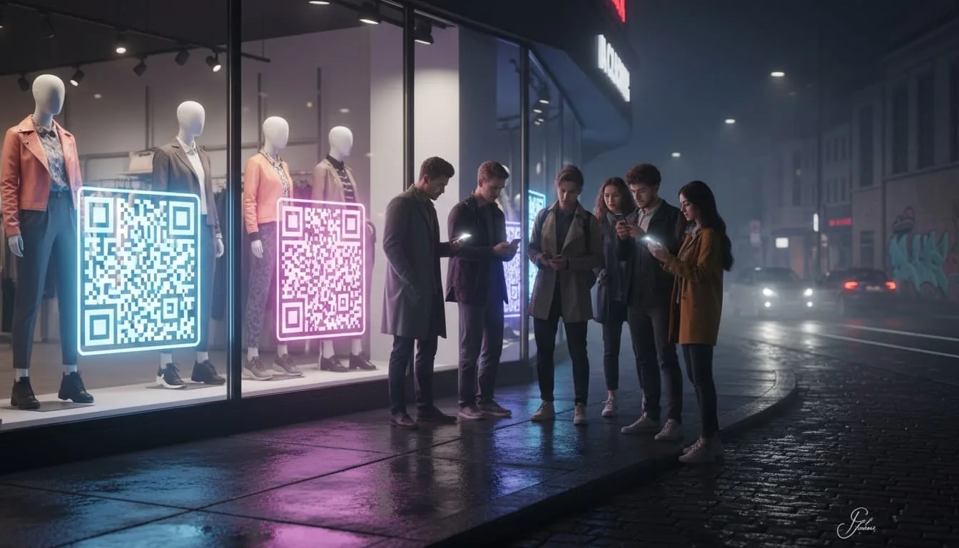 Compradores escaneando un código QR en el escaparate de una tienda de ropa por la noche
