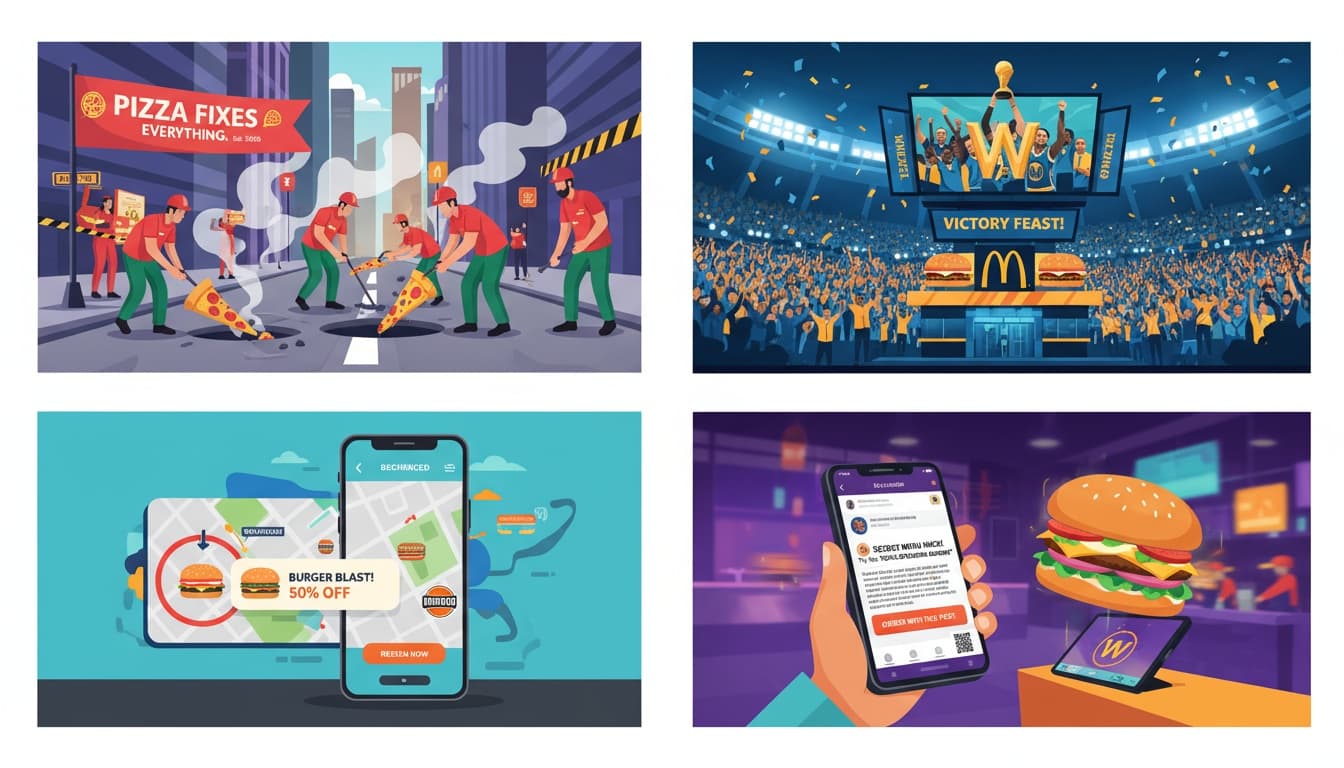 Collage of restaurant marketing stunts including road repair, sports tie-in, mobile app offer and social media menu hacks