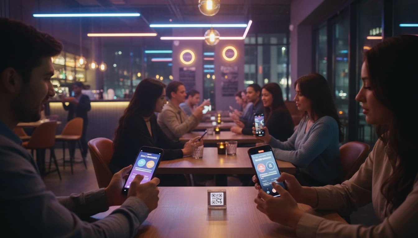 Restaurant guests scanning QR codes and sharing content from a creative campaign on their phones at the table
