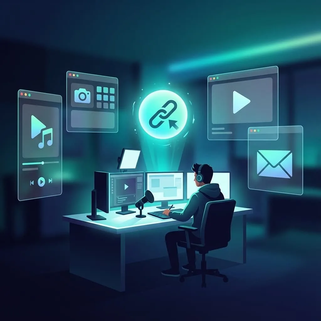 Ilustración de un creador en su escritorio conectando TikTok, Instagram, YouTube y email a un enlace central de referido VISU.