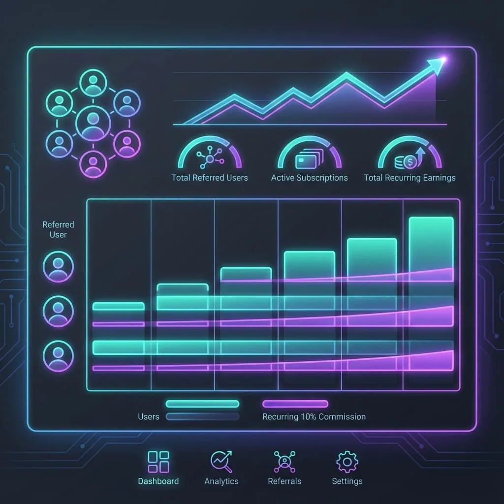 Concepto de dashboard de creador mostrando comisiones recurrentes del 10% acumulándose con el tiempo a medida que más usuarios referidos se activan.