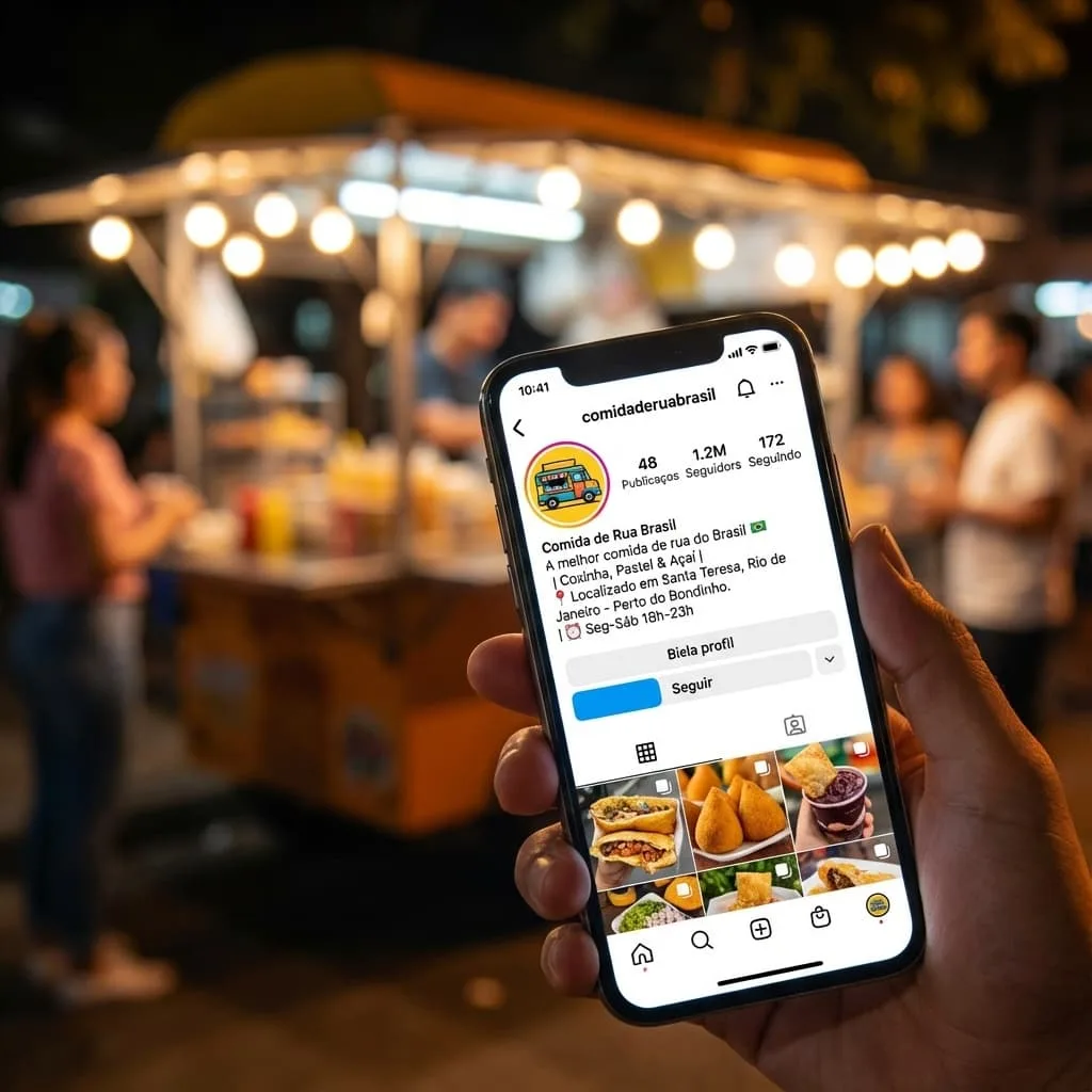 Food truck Instagram profile showing a bio with clear neighborhood and landmark