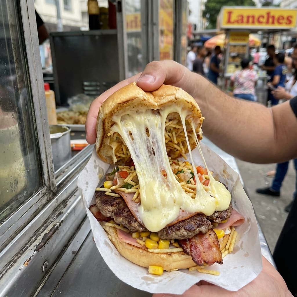 Close up of a food truck burger with melted cheese and good natural lighting.