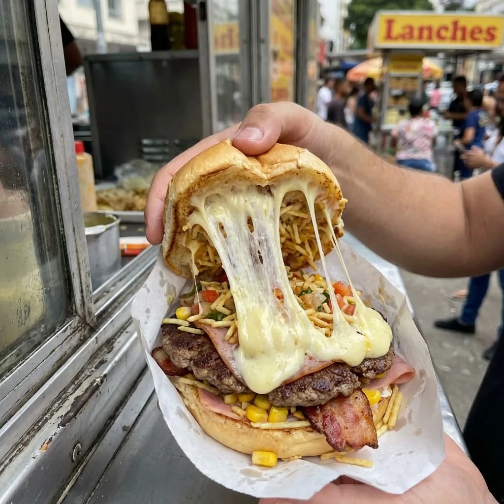 Close up of a food truck burger with melted cheese and good natural lighting
