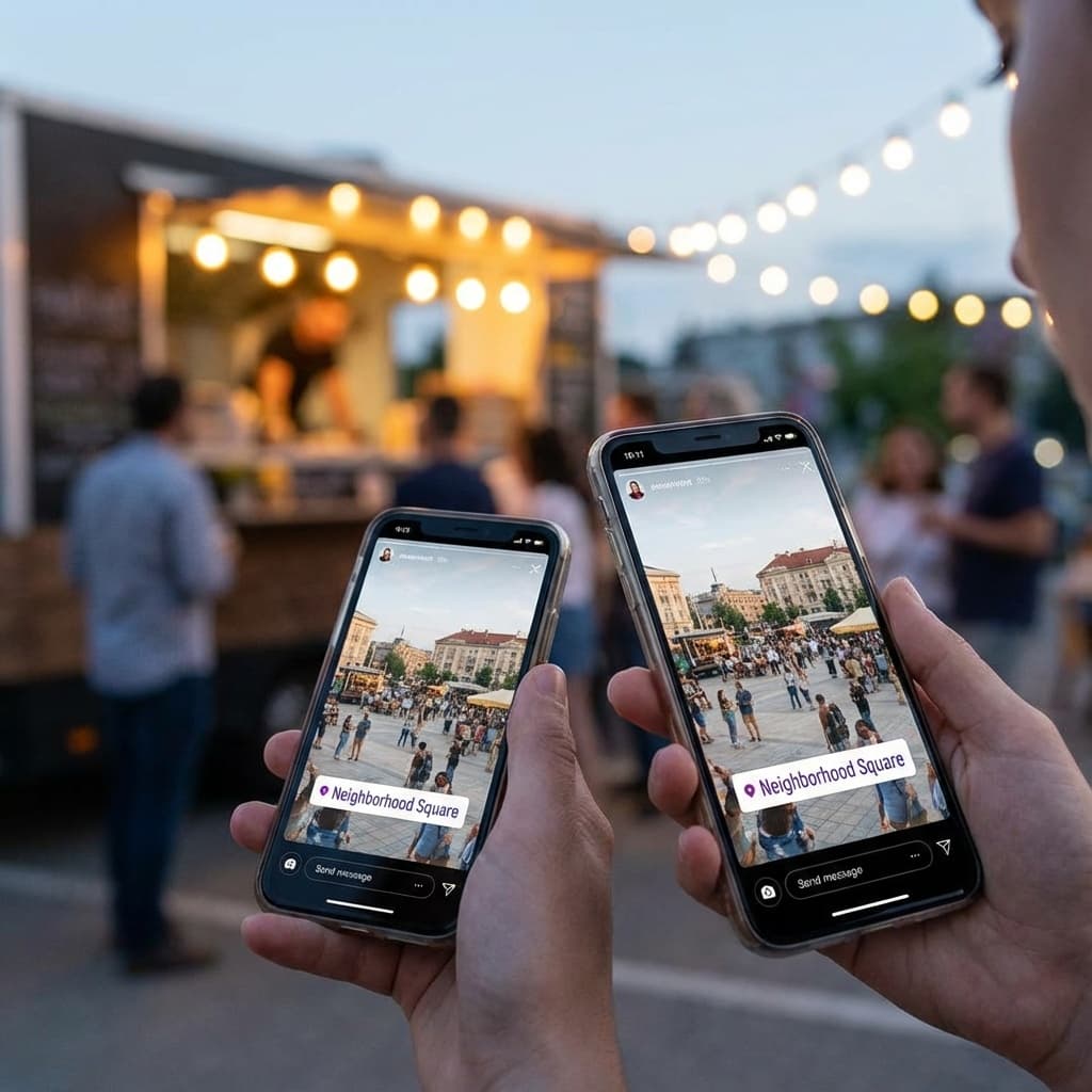 Instagram Stories screen with a location tag on a neighborhood food truck.