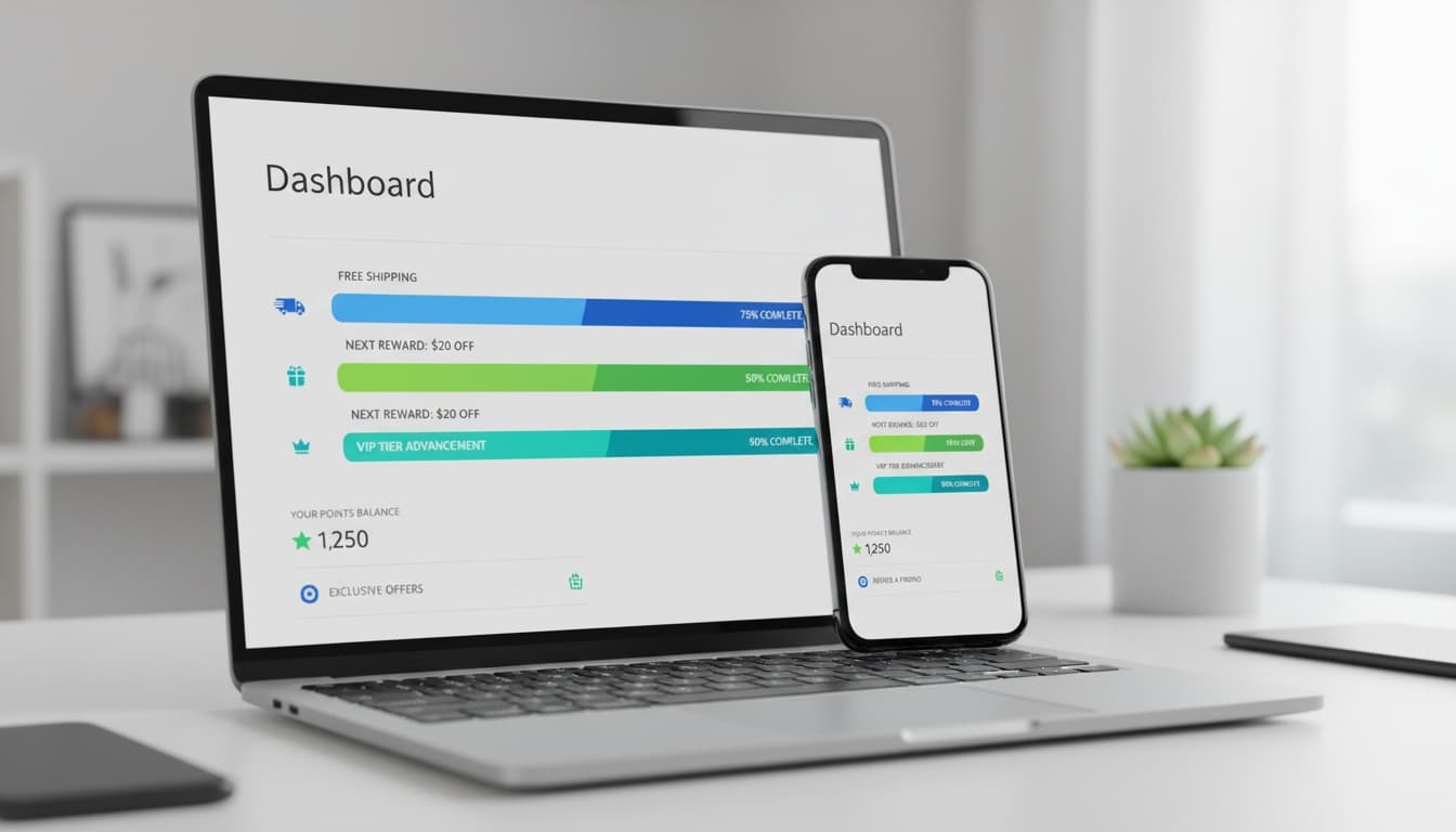 E-commerce loyalty dashboard showing progress bars for rewards and free shipping thresholds