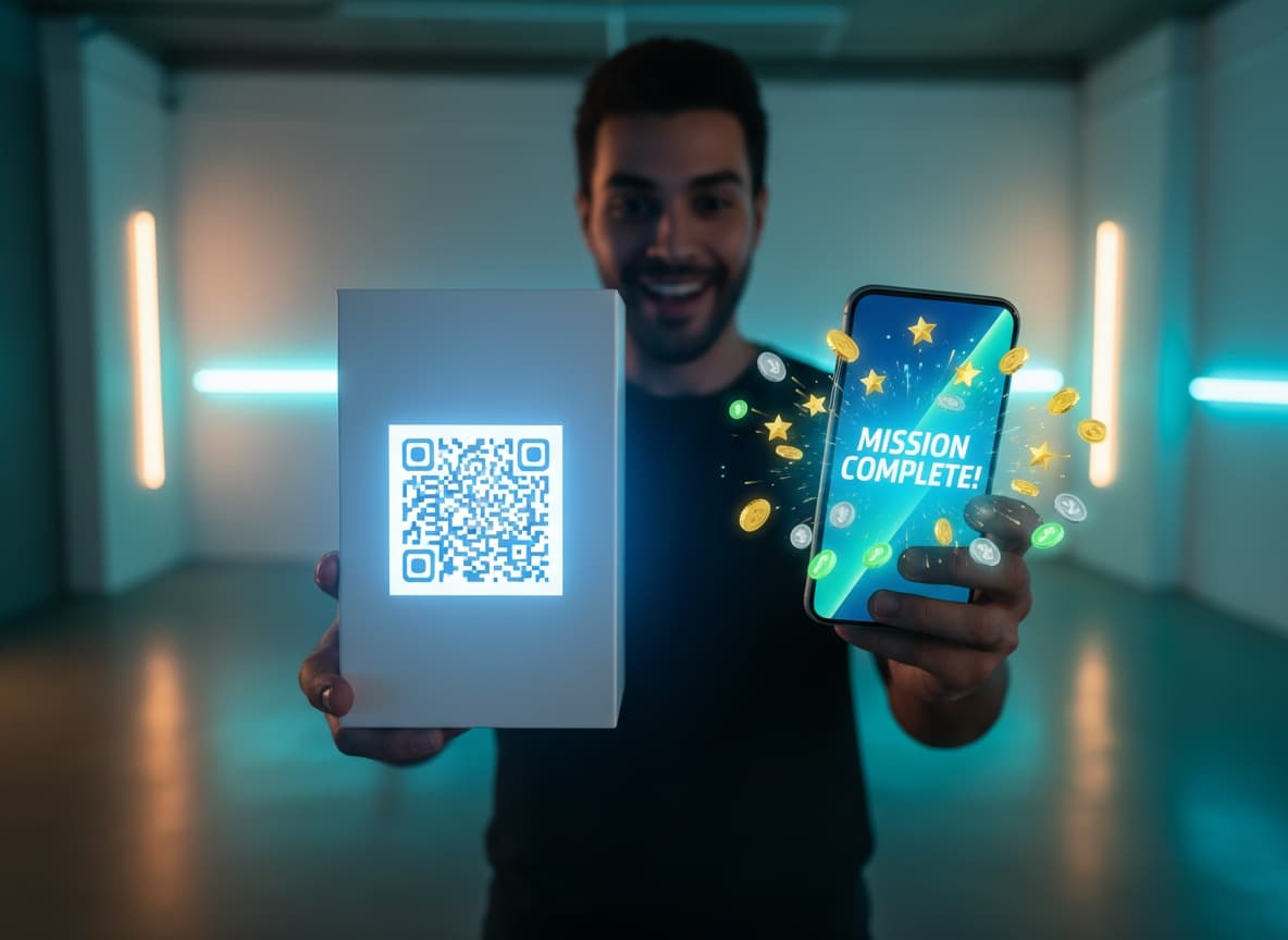 Customer scanning a QR code on product packaging to unlock a gamified mission on their phone
