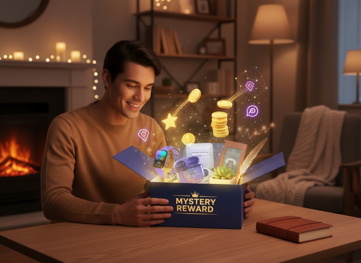 Customer opening an e-commerce surprise box with products and reward icons floating around