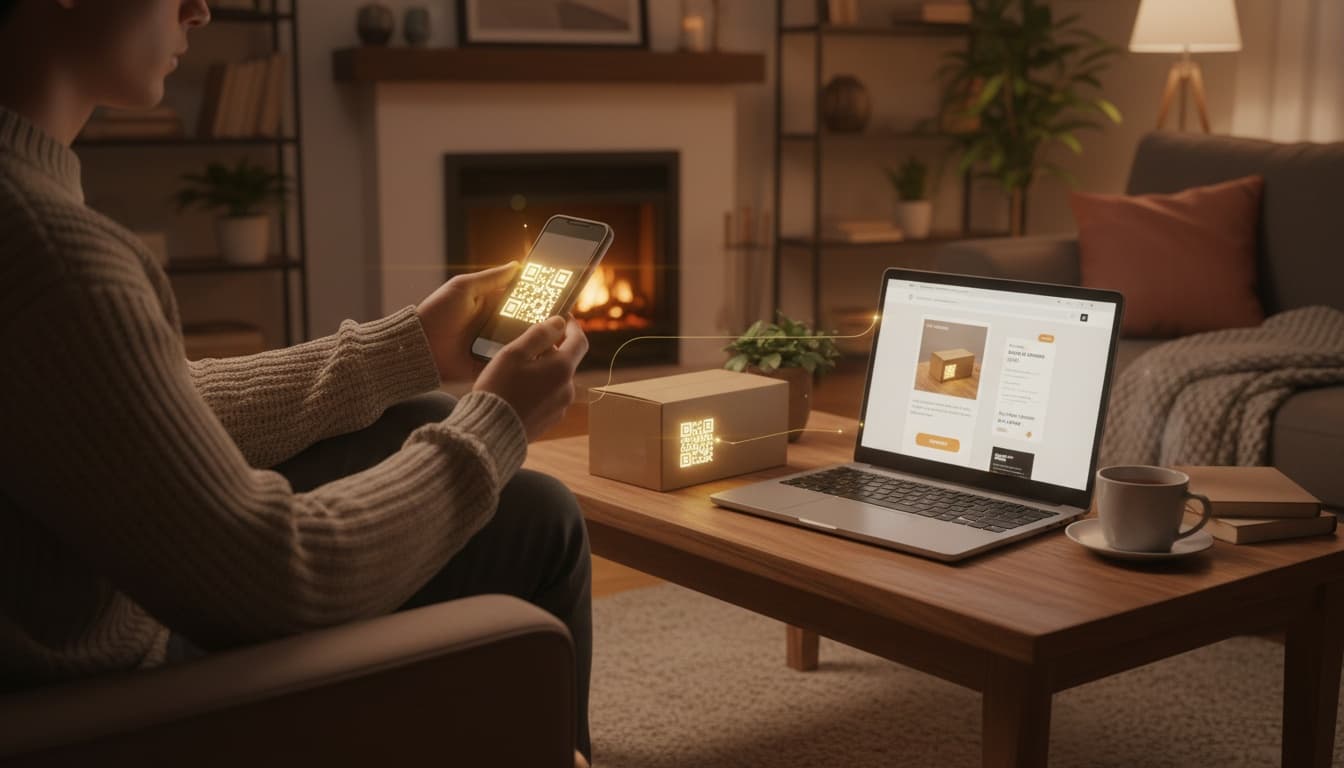 Customer scanning a QR code on product packaging to reorder from an e-commerce store