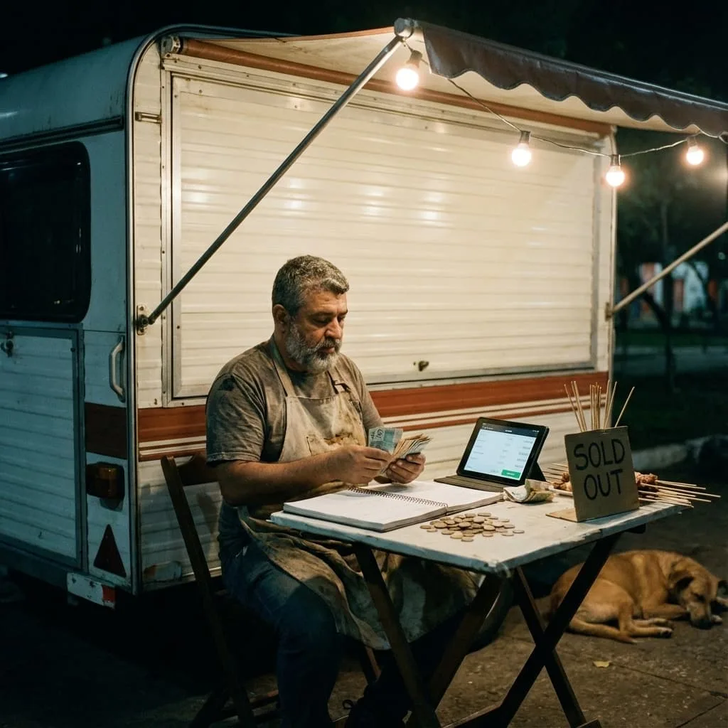 Dueño de food trailer revisando las ventas del día y registros financieros organizados.