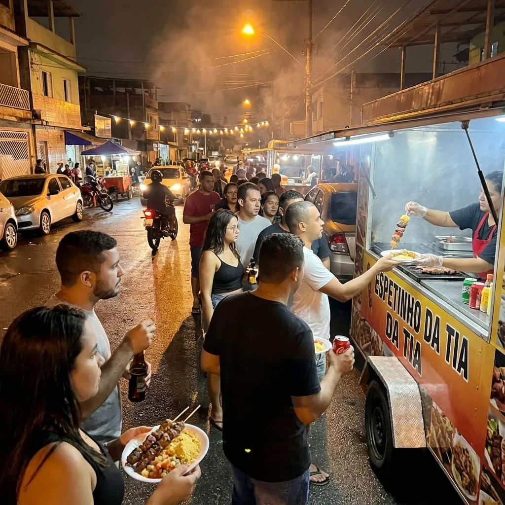 Cliente pagando en un trailer de BBQ callejero concurrido por la noche.