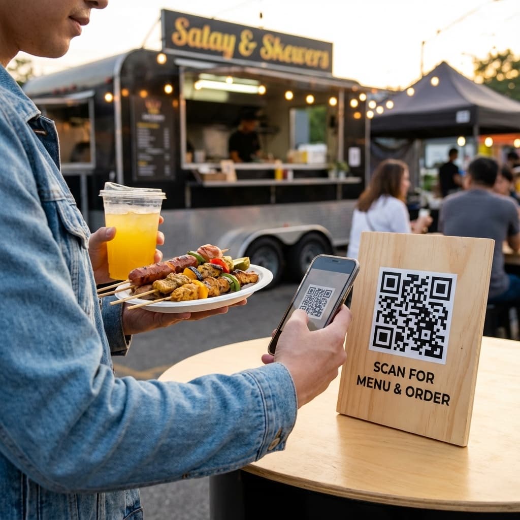 Customer scanning a QR Code at a street grill stand to join a loyalty program.