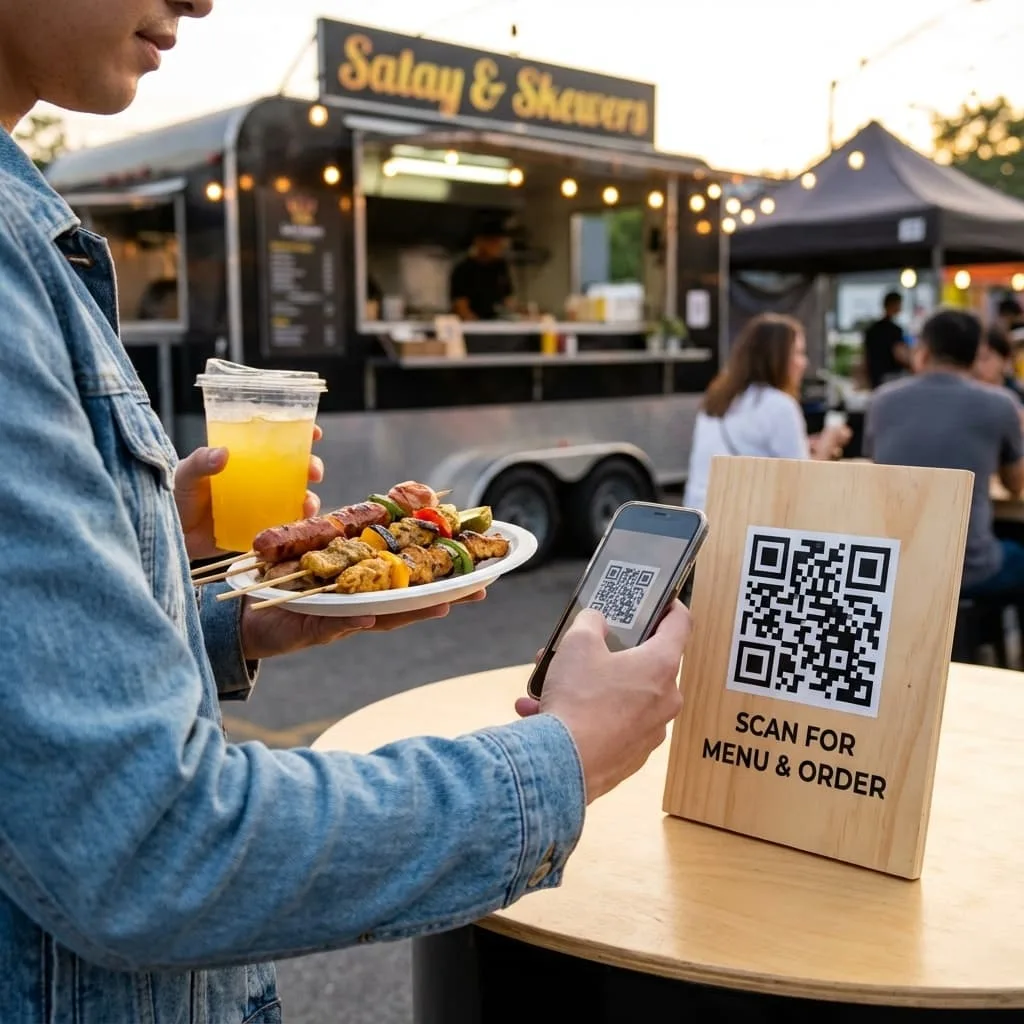 Cliente escaneando un código QR en un puesto de parrilla callejera para unirse a un programa de fidelización.