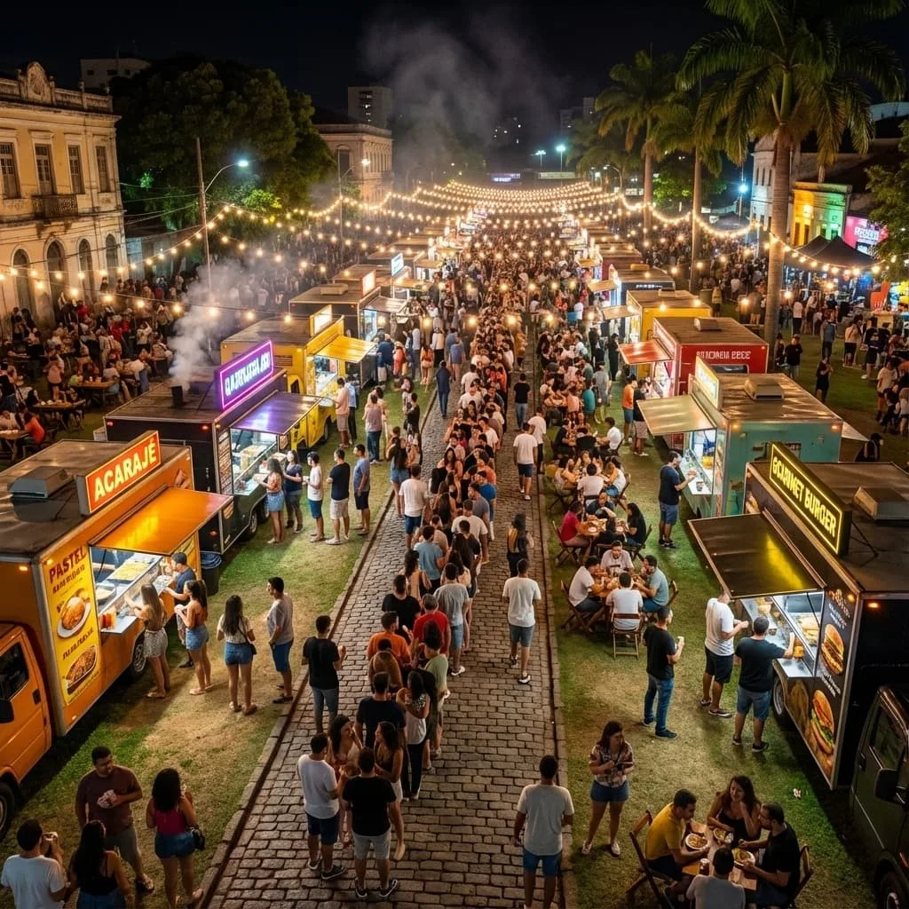 Gran fila en un festival gastronómico con gente comprando en varios food trucks iluminados