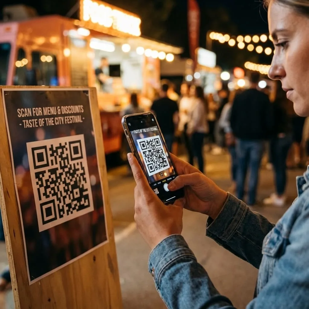 Cliente escaneando un código QR en un festival gastronómico para participar en un sorteo digital
