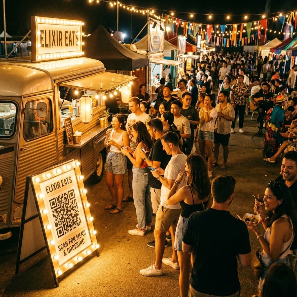 QR code sign displayed in the line of a food truck during a food festival.