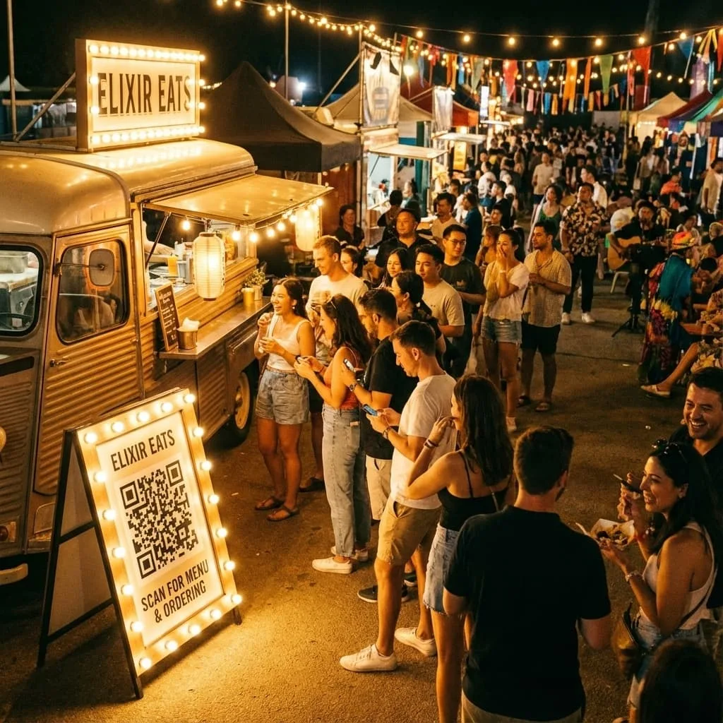 Cartel con código QR colocado en la fila de un food truck durante un festival gastronómico