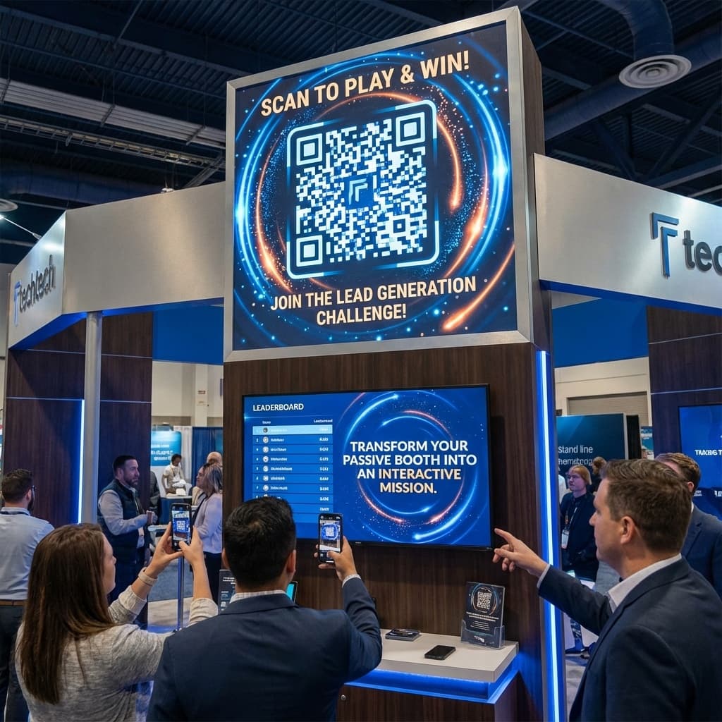 Trade show booth with a large QR code sign inviting attendees to scan and participate in a gamified challenge