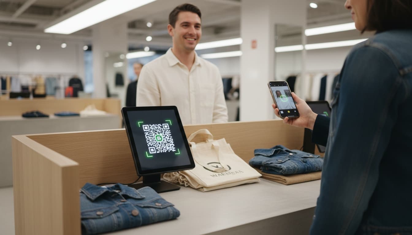 Customer enrolling in a clothing store loyalty program by scanning a QR code at checkout