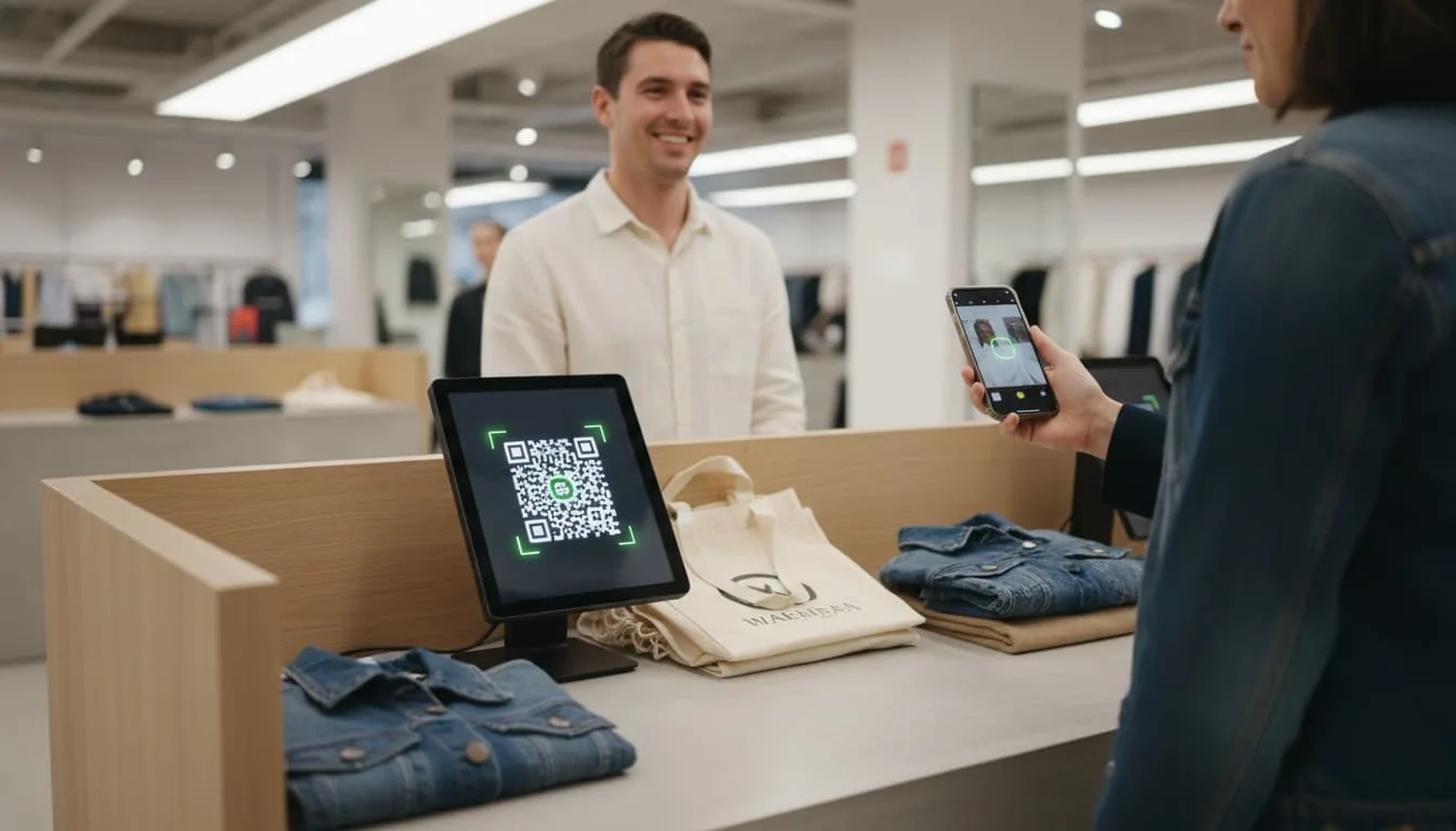 Clienta inscribiéndose en un programa de fidelización de tienda de ropa escaneando un código QR en caja