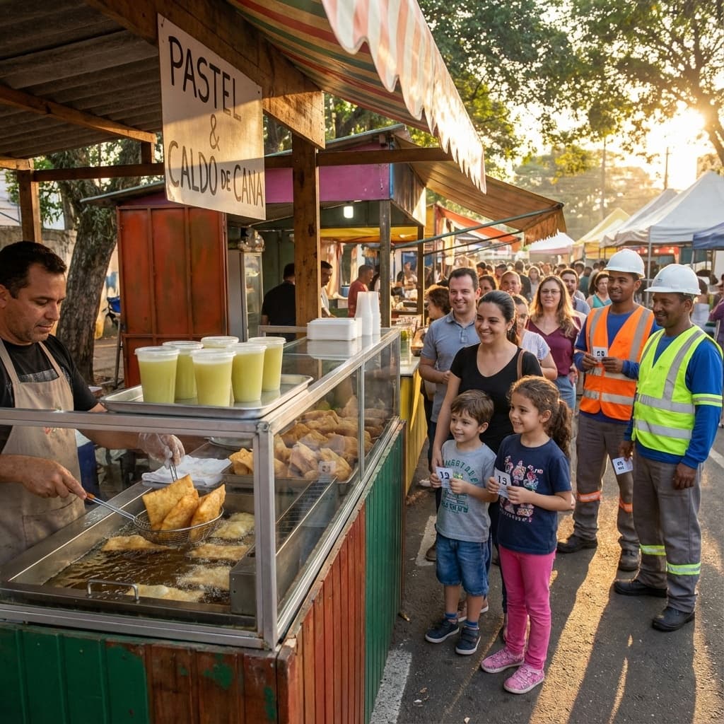 Customers waiting in an organized line at a busy street food stand.