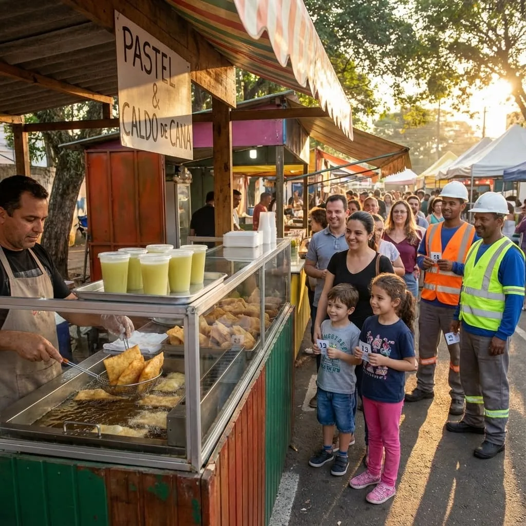 Customers waiting in an organized line at a busy street food stand