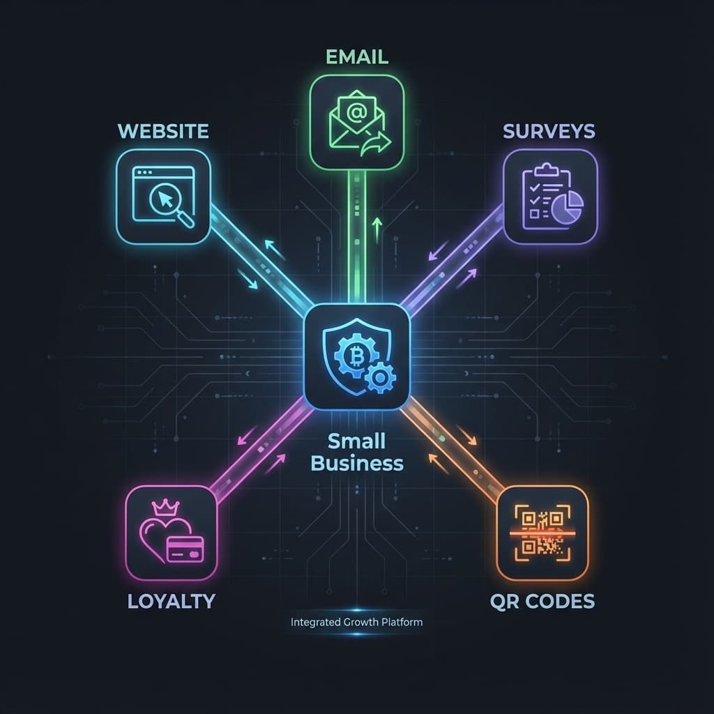 SMB first-party data ecosystem with website, QR codes, apps and loyalty feeding a central hub