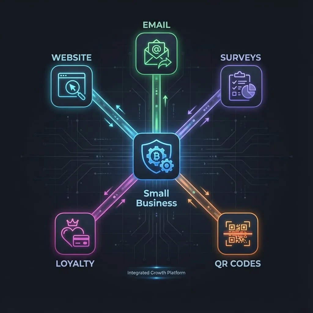 Ecosistema de datos first‑party para pymes con web, códigos QR, apps y fidelización alimentando un hub central.