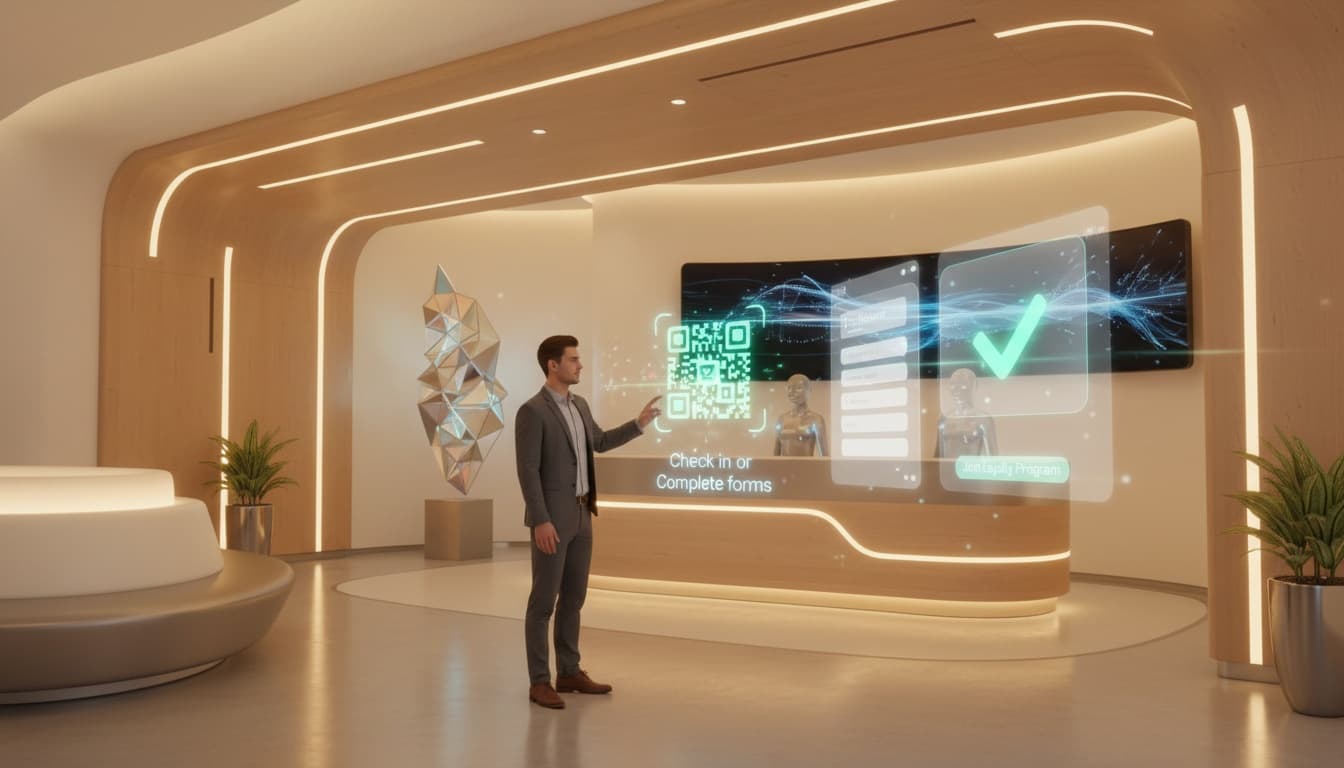 client scanning qr code at front desk for check in and forms automation