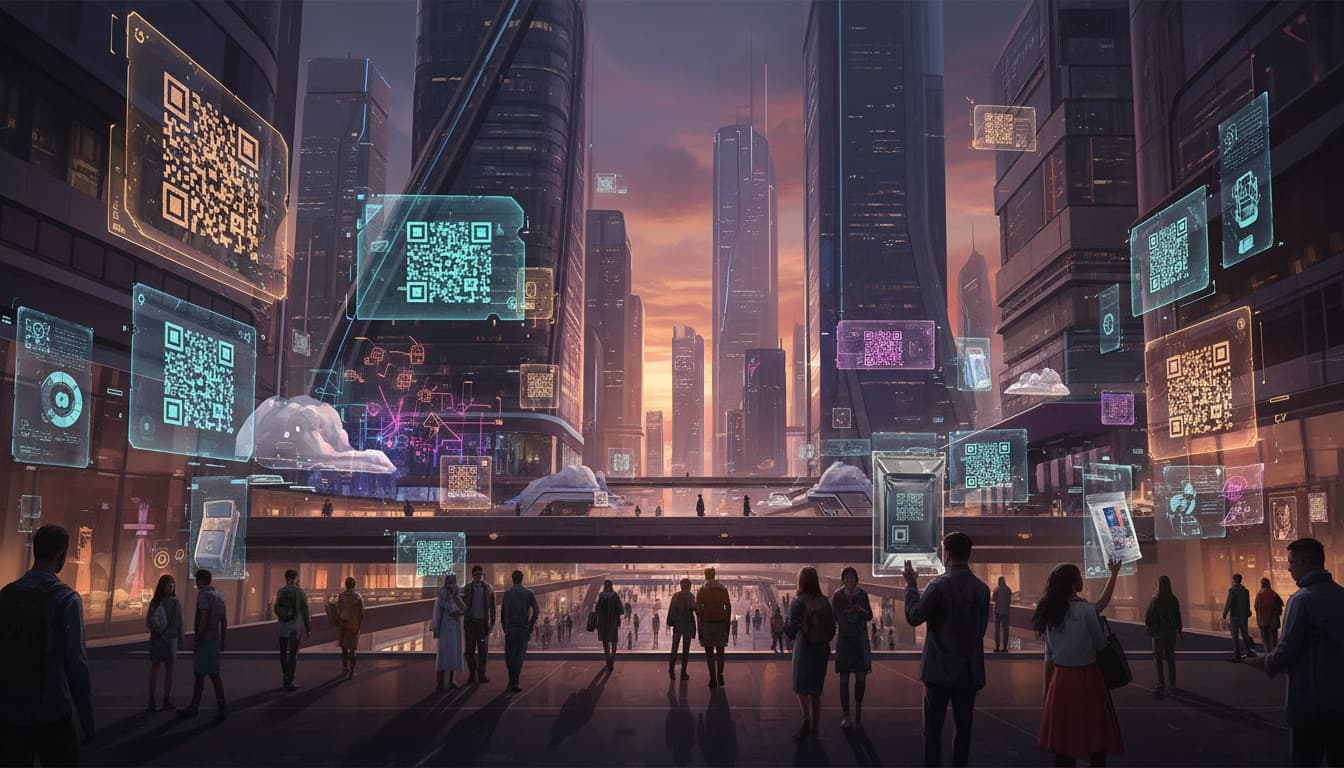 Futuristic city scene with QR codes, augmented reality overlays and AI-driven personalized experiences