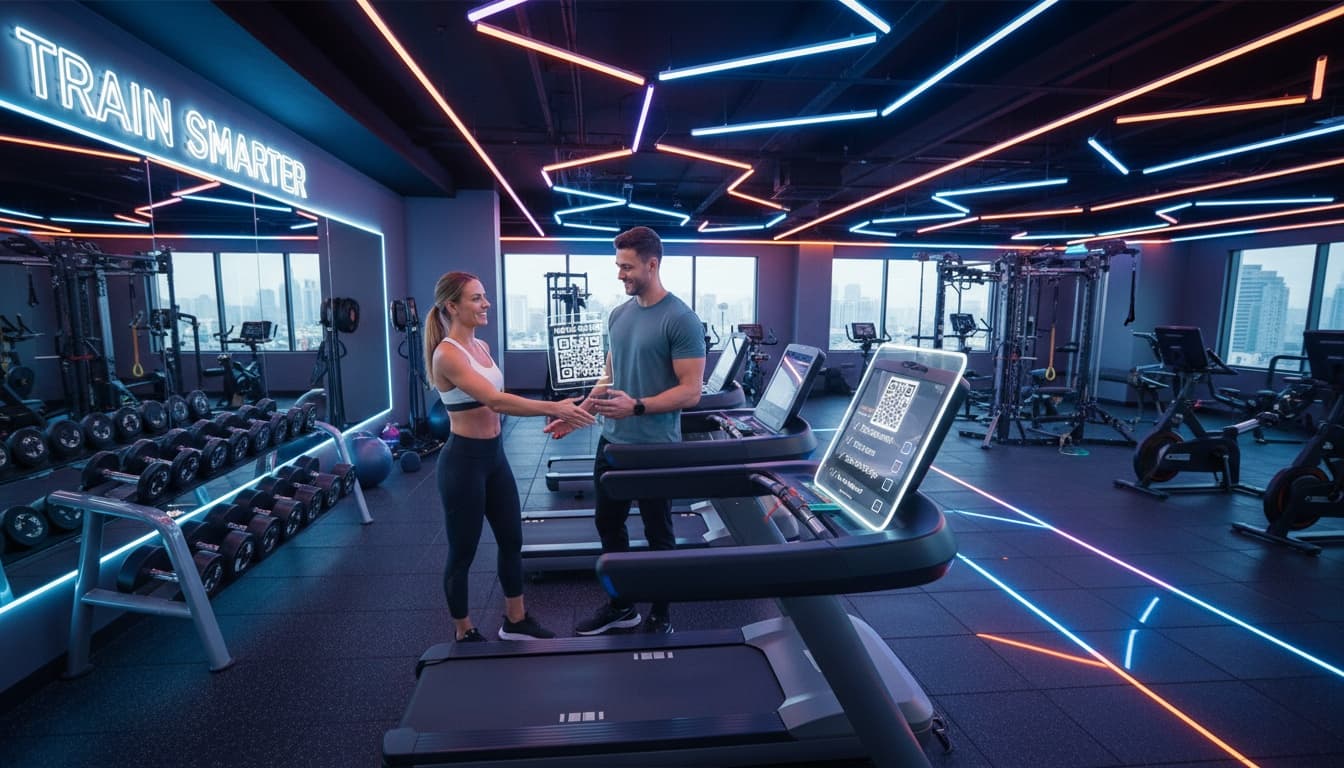 gym trainer guiding new member through onboarding with qr codes around the floor