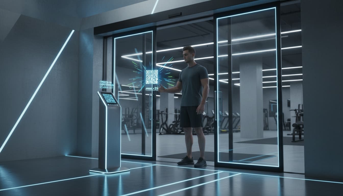 member scanning qr code to check in at gym entrance while door opens