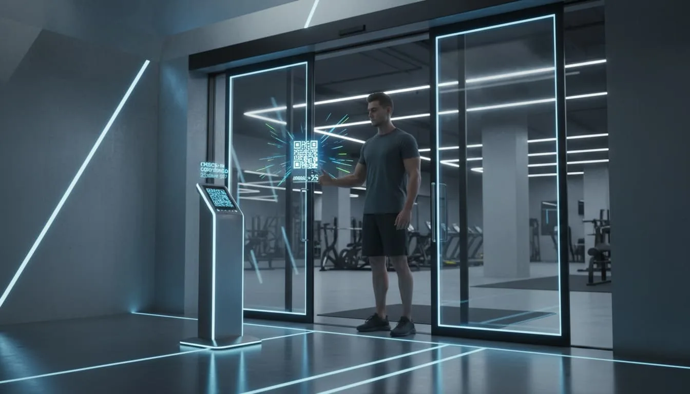 member scanning qr code to check in at gym entrance while door opens