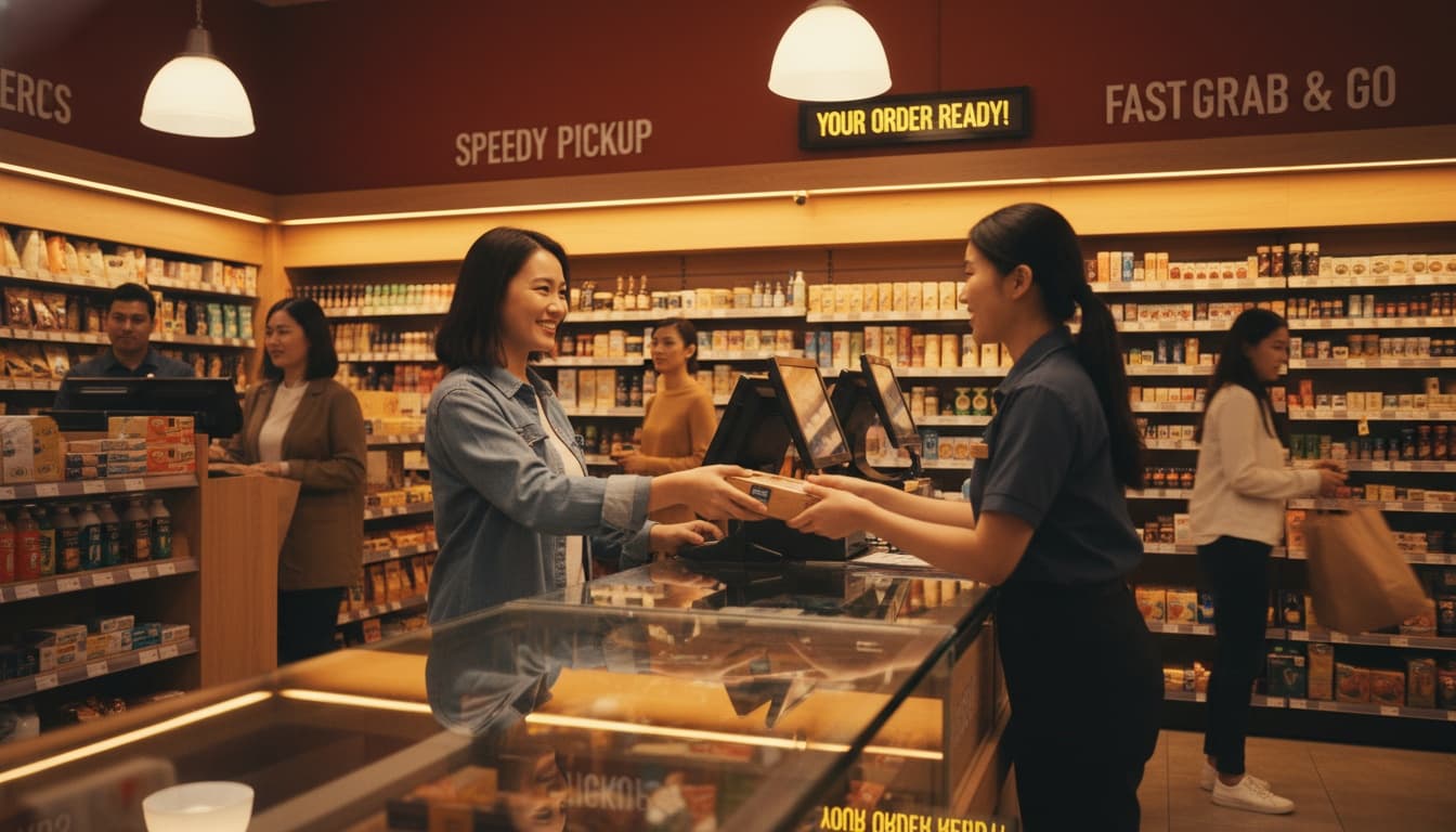 Customer quickly picking up items from a local store counter with fast service