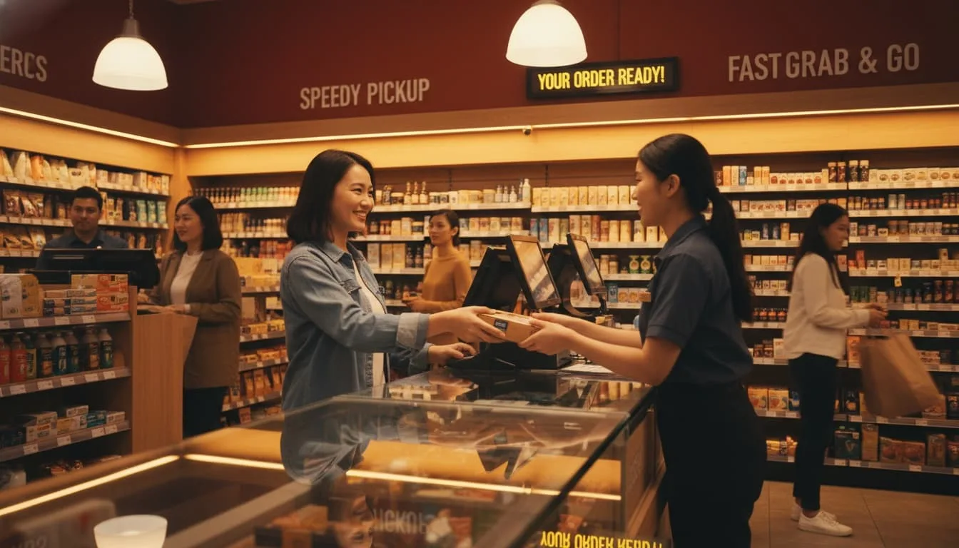 Customer quickly picking up items from a local store counter with fast service