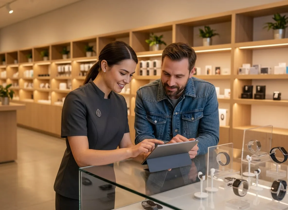 Local store employee resolving a customer's issue with friendly and fast service