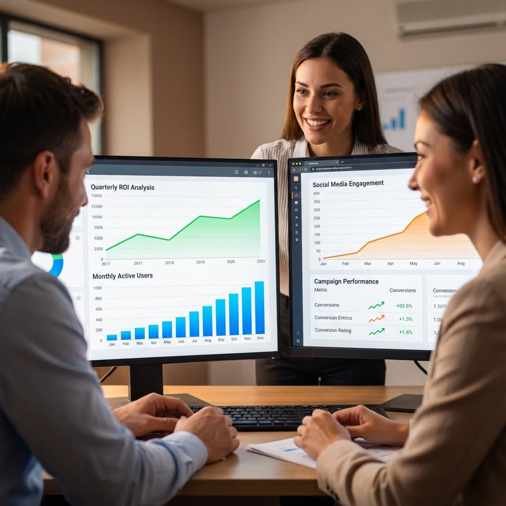 Business team reviewing analytics dashboards with charts showing rising engagement and ROI