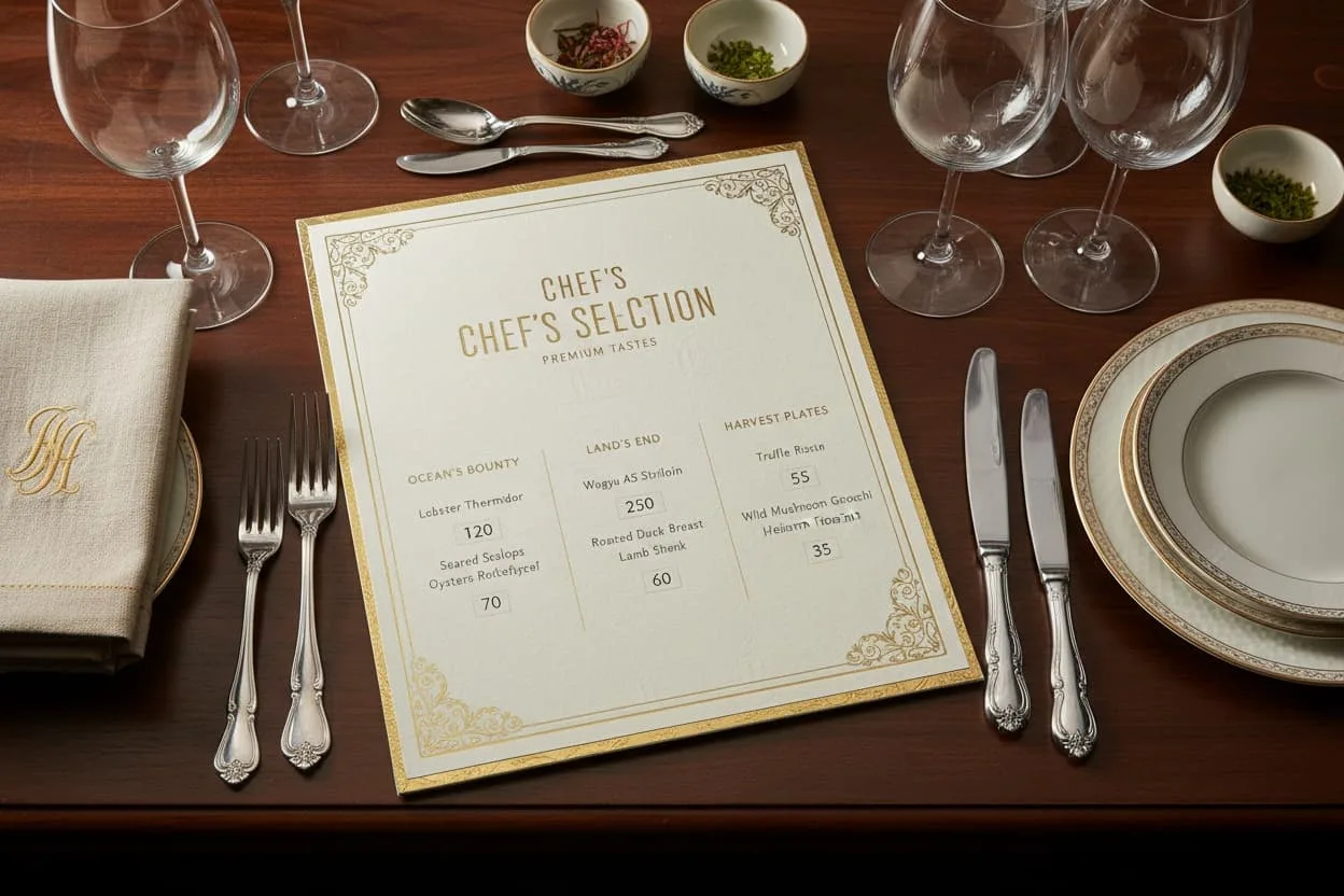 Menu layout with highlighted premium items and a visual hierarchy that guides guest attention