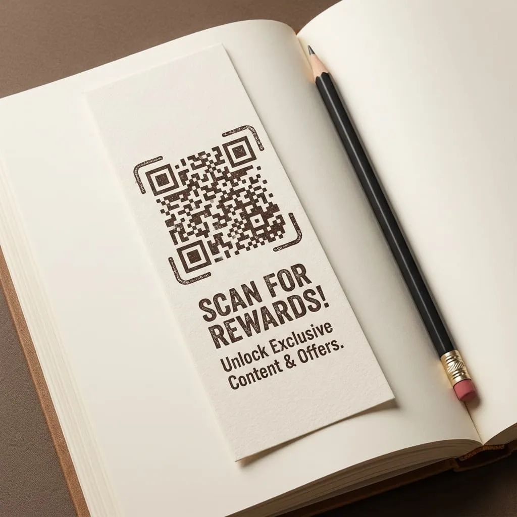 Libro abierto con un marcapáginas personalizado que tiene un código QR invitando al lector a escanear y ganar recompensas