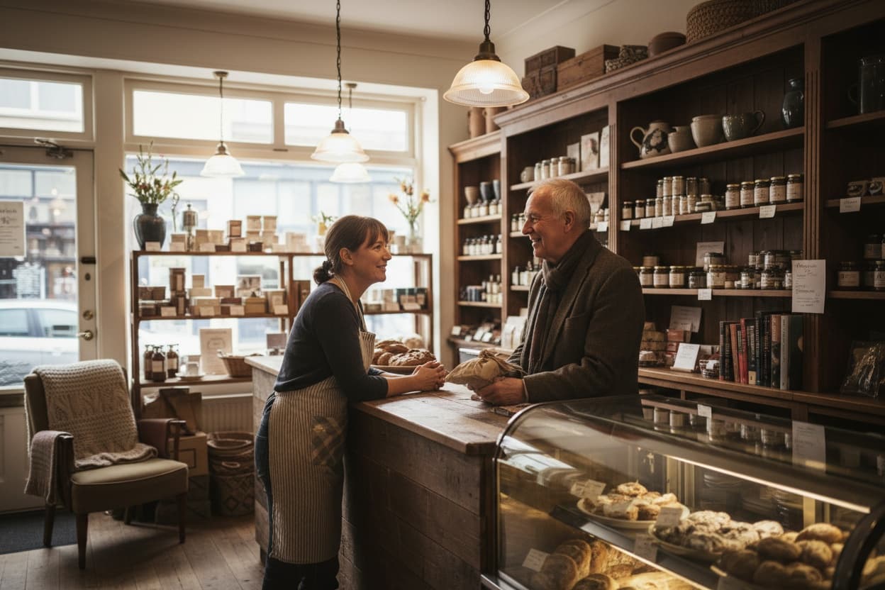 Local store staff offering personalized service and recommendations to a returning customer