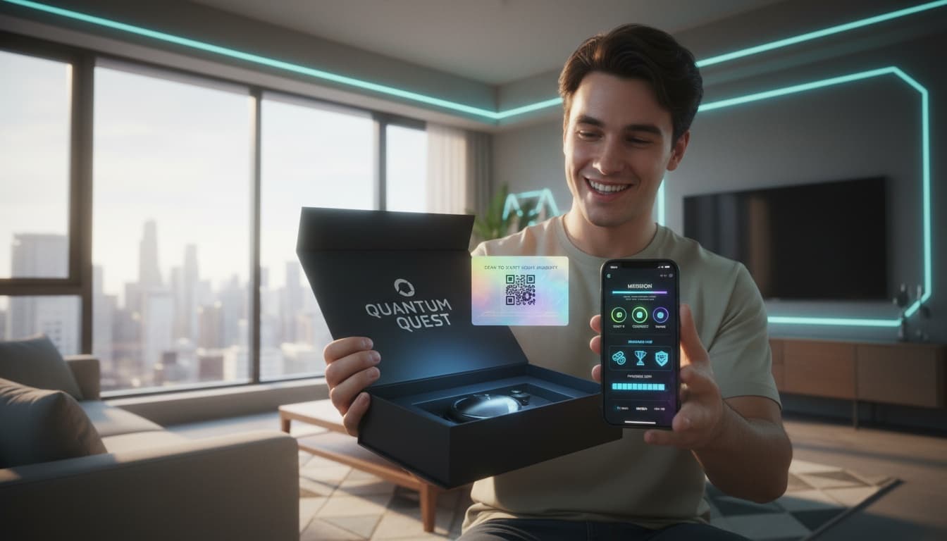 Customer scanning a QR code inside a package to start a post purchase mission on their phone