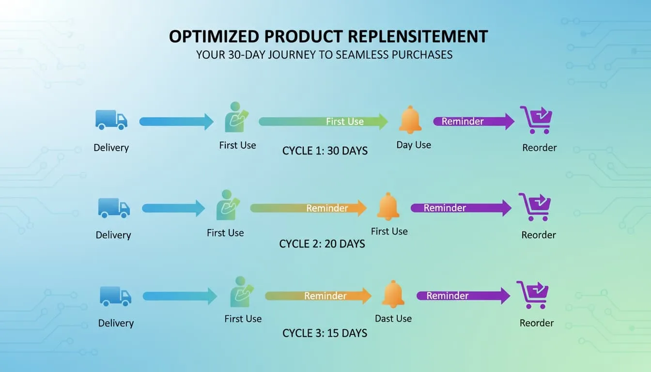 Timeline showing a product life cycle with reminders and reorders triggered at key moments